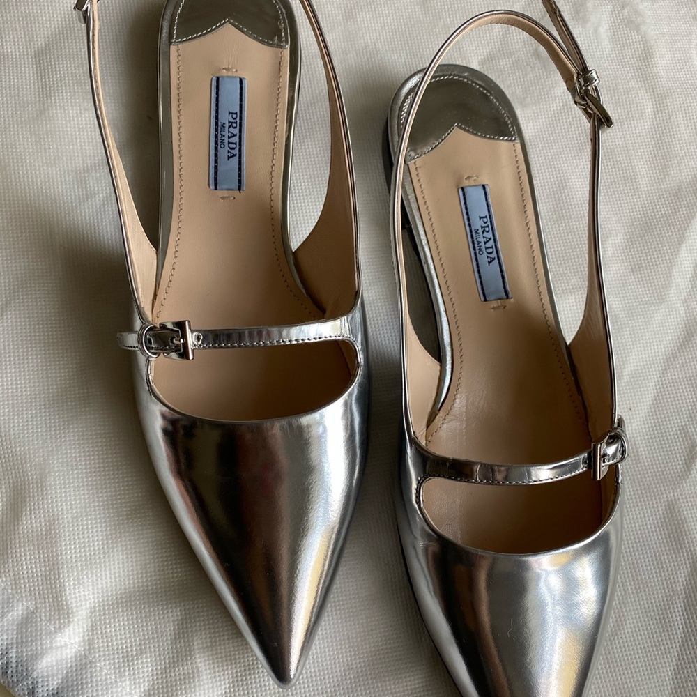 New PRADA Silver Metallic Slingback Flat